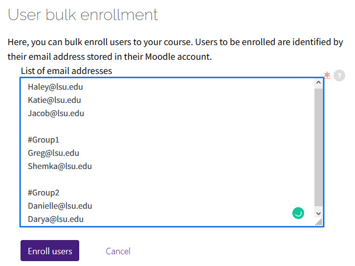 Text box forUser bulk enrollment emails