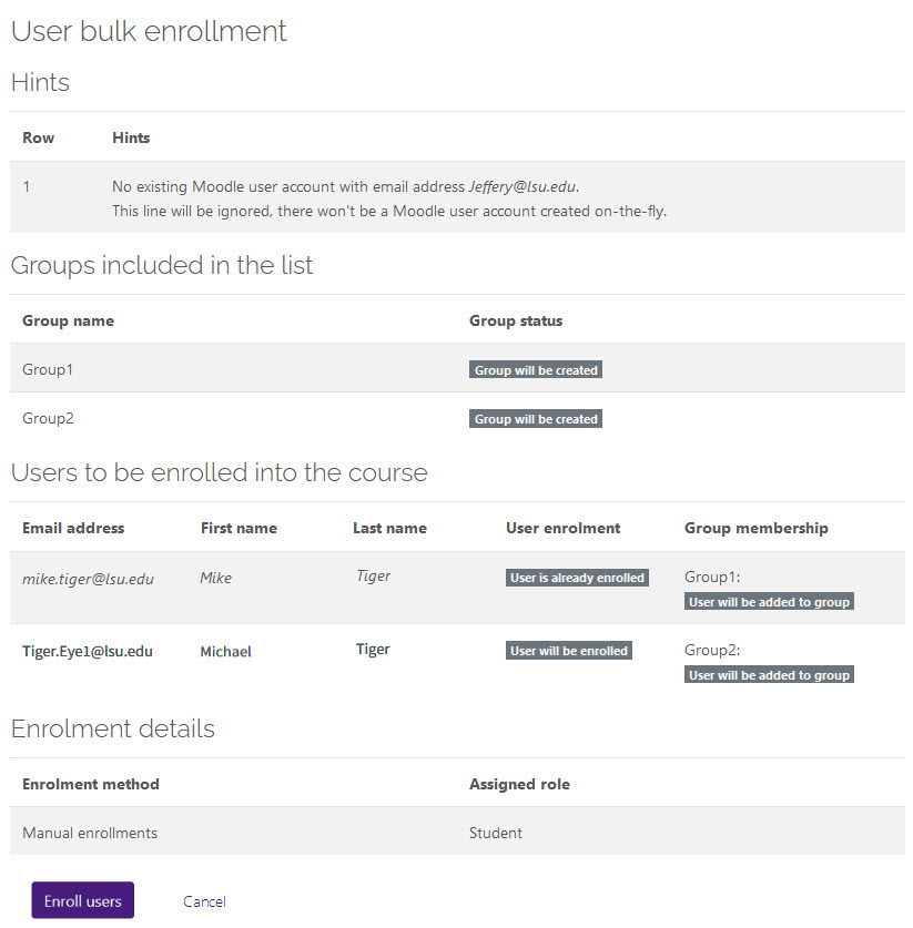 Verify User bulk enrollment information screen