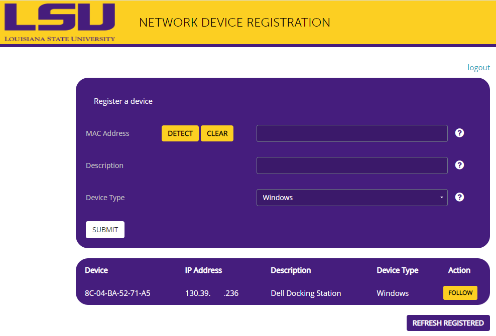 Network Device Registration Screen with various fields to complete