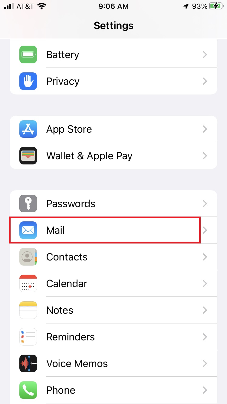 Settings menu with mail option boxed in red