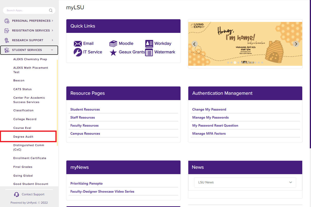 myLSU Portal homepage with Degree Audit boxed