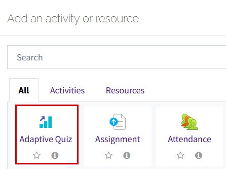 add Adaptive Quiz from activity menu