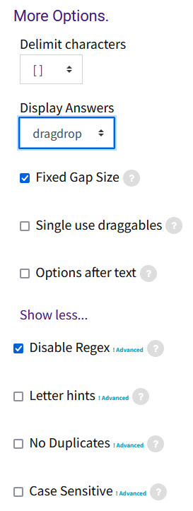 Gapfill question type More Options menu