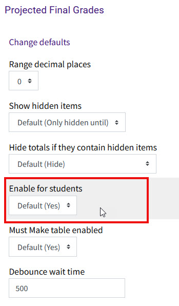 The enable for students option in the projected final grade menu