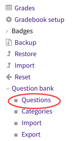 Question bank and questions link in course admin menu