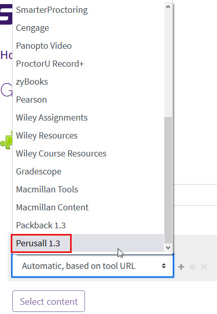 Selecting Perusall in the external tool list