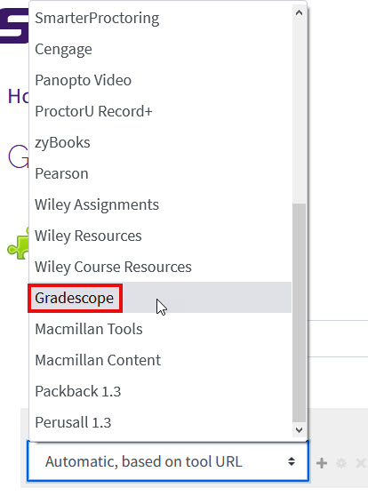 Selecting Gradescope in the external tool list