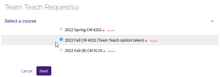 Select the course with which you were invited to team-teach
