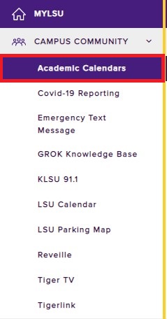 Academic calendars option under myLSU campus community menu