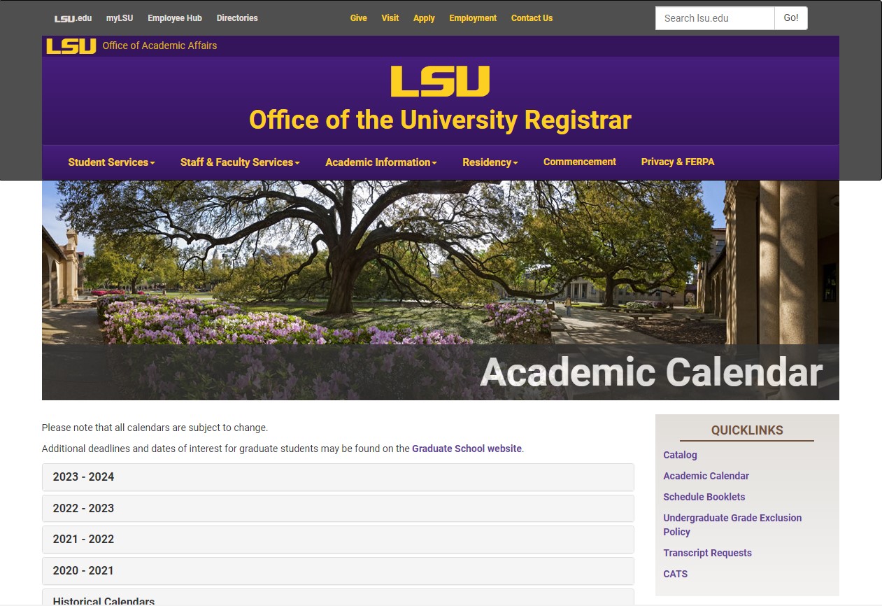 Academic calendars homepage menu.