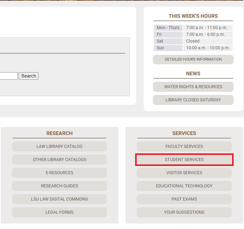 LSU Law Library homepage with student services tab highlighted