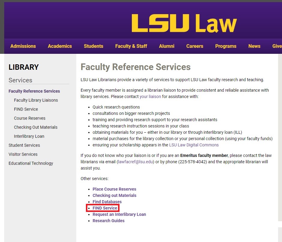 FIND service option selected on faculty reference services screen