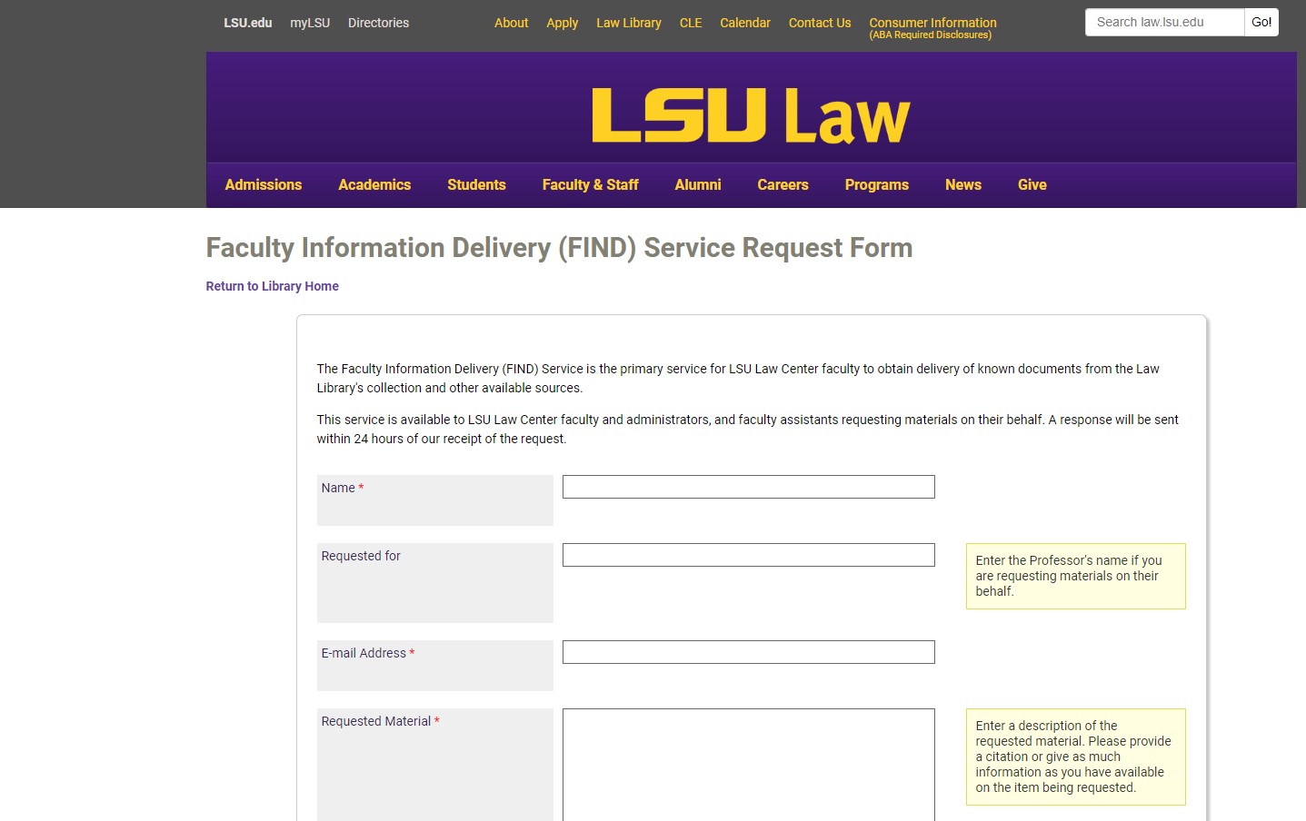 FIND service request form screen