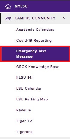 Emergency text message tab highlighted under campus community