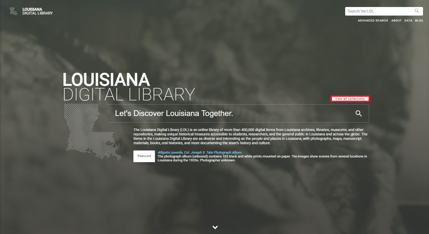 Louisiana Digital Library homepage with view all collections boxed