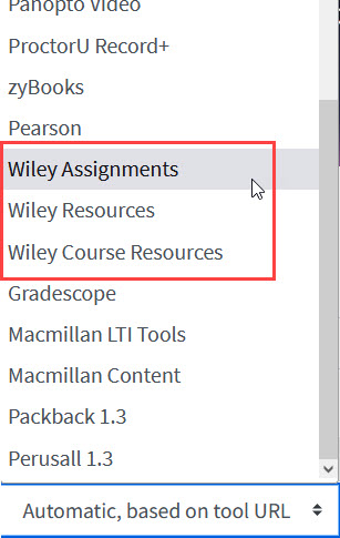 Wiley tools in the Moodle external tool selection menu