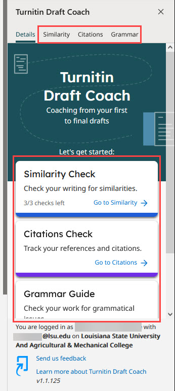 Draft Coach menu with similarity check, citation check, and grammar check.