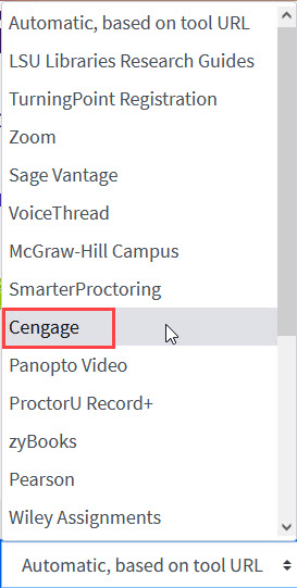 Cengage tool in the Moodle external tool selection menu