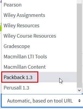 Selecting Packback in the external tool 