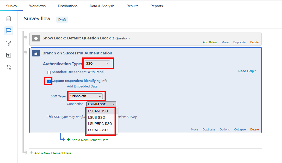 Authentication Type with SSO highlighted, capture respondent info checked, and shibboleth selected