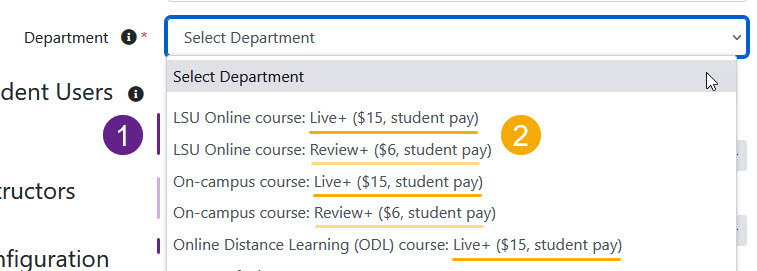 ProctorU Department drop down menu