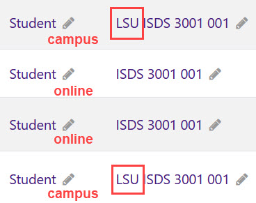 Course roster showing LSU tag for cross-enrolled students