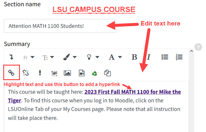 Front page message for XE from campus course.