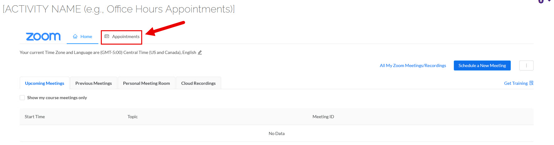 Appointment tab in Zoom Moodle activity selected.