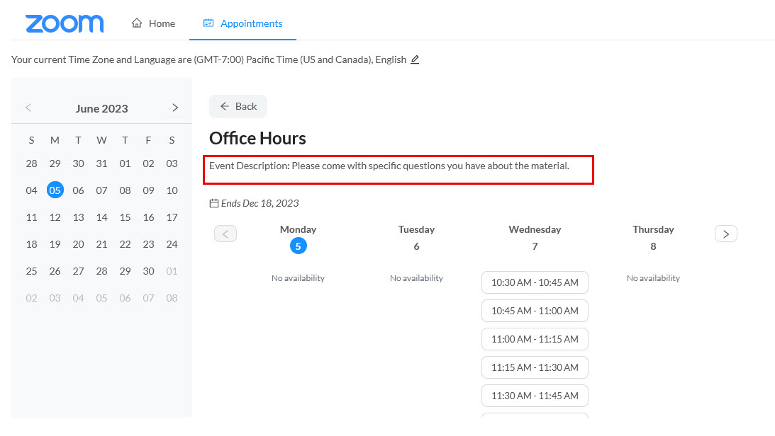 Student selection of Zoom bookable time slots with Event Description.