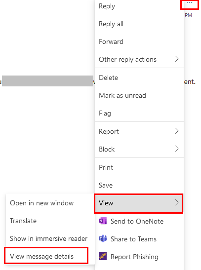 drop down menu with view message details selected