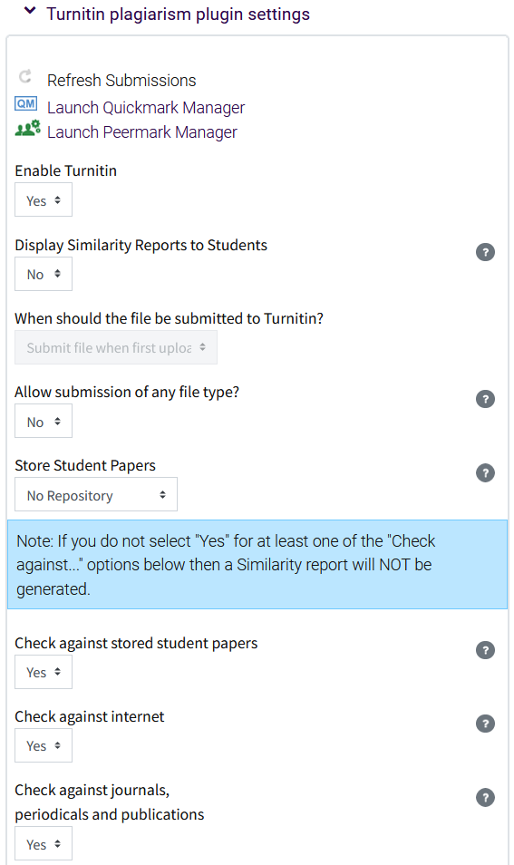 Top of Turnitin Settings menu options