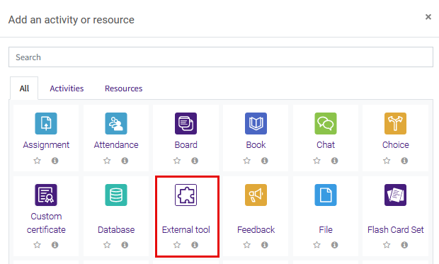 Selecting the External Tool from the activity chooser.