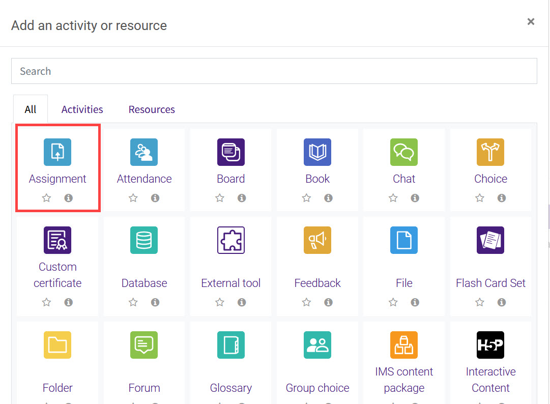 Add a new assignment from activity chooser in Moodle 4.1