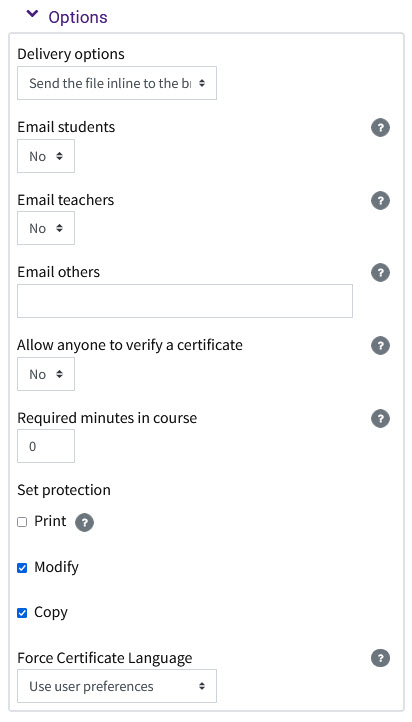 Options settings in custom certificate activity