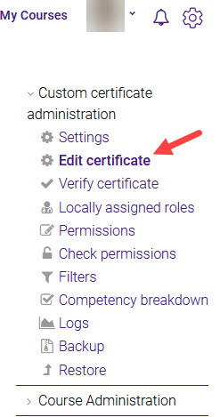The custom certificate administration menu, arrow pointing to "Edit certificate."