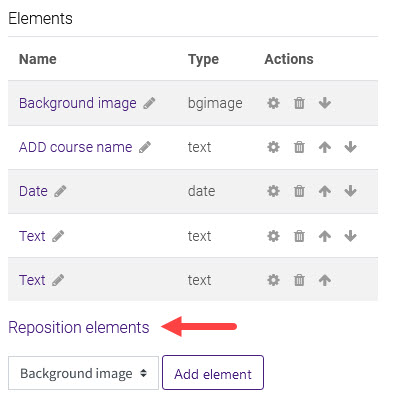 Elements list in the custom certificate editing area