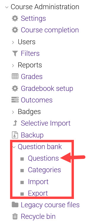 Course administration menu showing Question bank and Questions highlighted