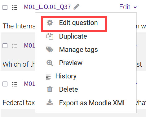 Question bank edit dropdown menu