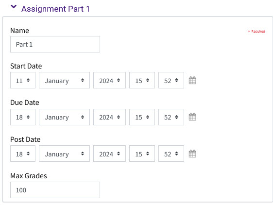 Turnitin Assignment grade and timing settings for Assignment Parts