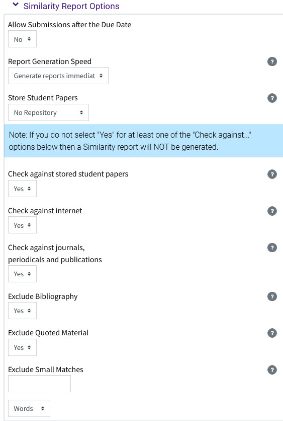 Similary Report Options settings in the Turnitin Assignment
