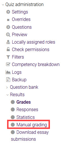 Quiz administration menu showing manual grading link