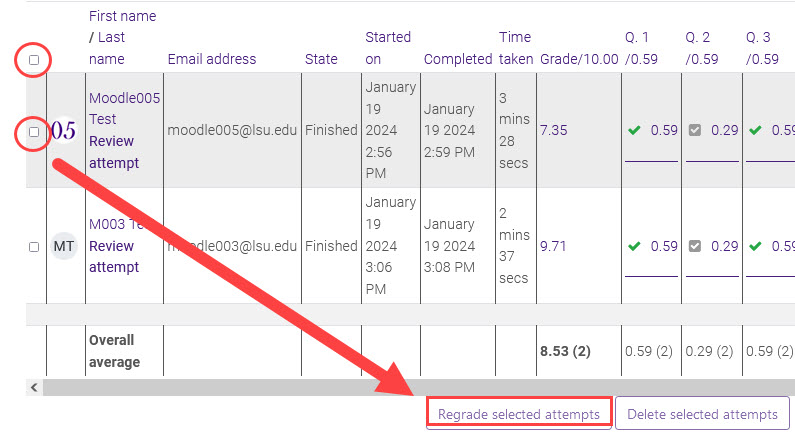 Quiz attempts page with selection boxes and regrading highlighted