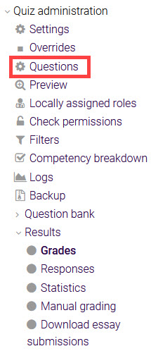 Quiz administration menu with Questions highlighted, Primary Instructor view 