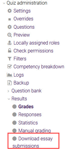 Quiz administration menu showing the Results area with "Download essay submissions" highlighted