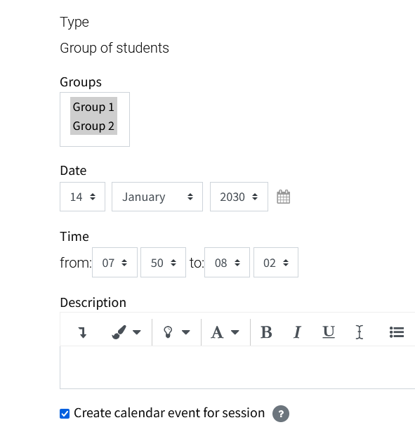 Attendance settings including name, date, timing, and description.