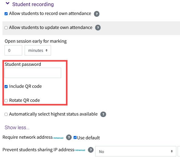 Attendance settings showing student self-reporting with password and QR code