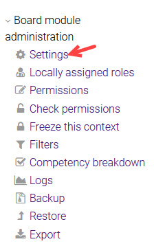 Board module administration menu showing Settings editing link