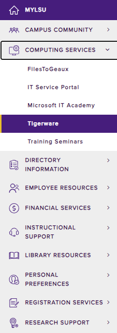 Tigerware link highlighted in myLSU computing services section