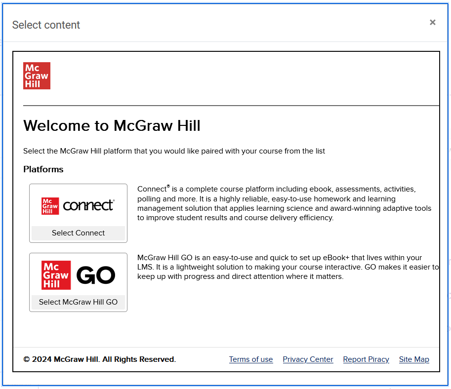 Select Content for the McGraw Hill LTIA tool shows their platforms