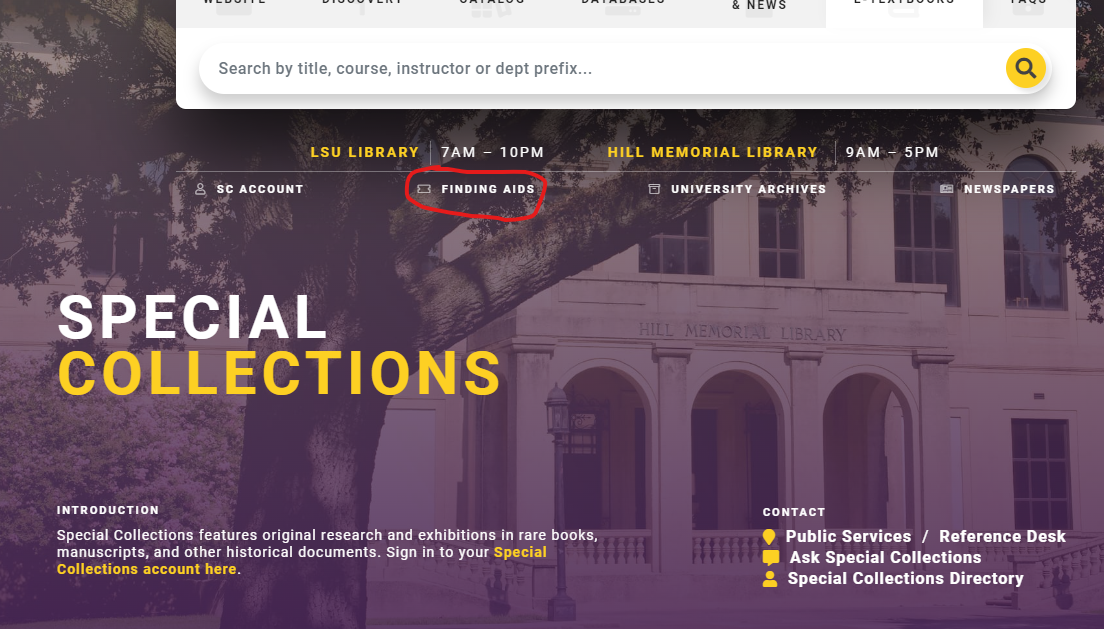 LSU Librairies Special Collections page